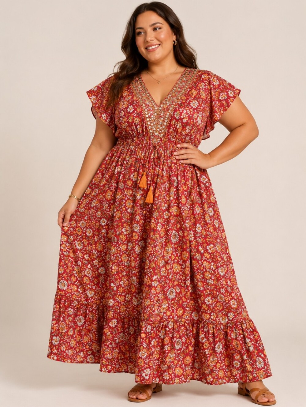 Plus Size 2X Red Floral Boho Maxi Dress Embellished Pockets